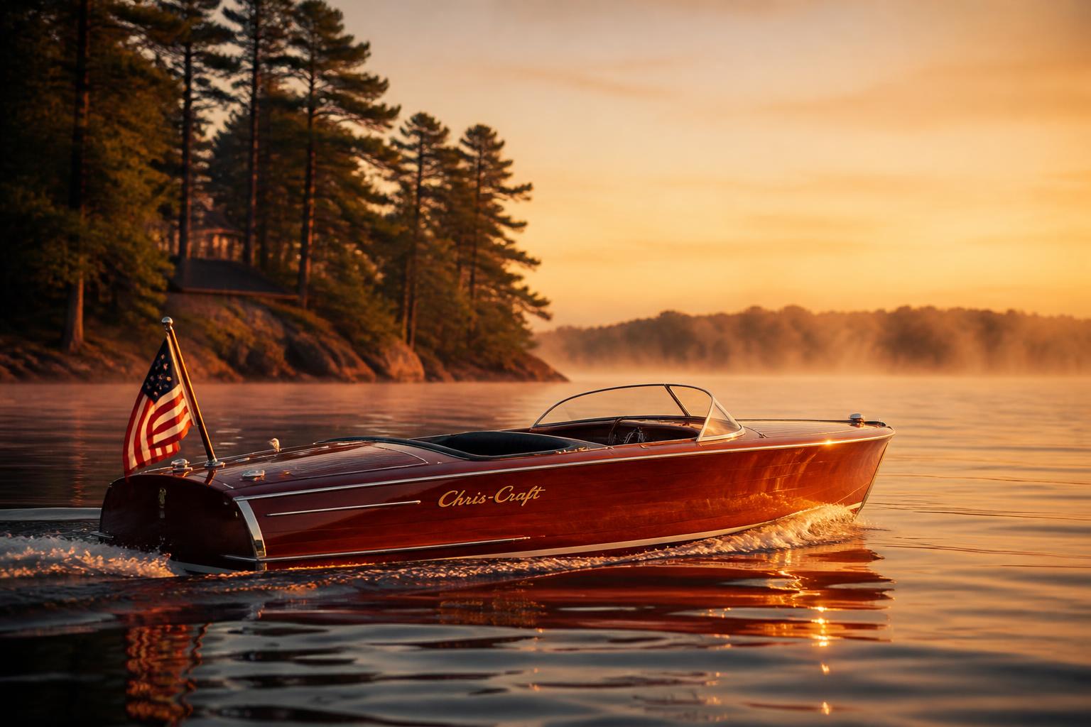 Classic mahogany runabout crossing a misty Ontario lake at sunrise