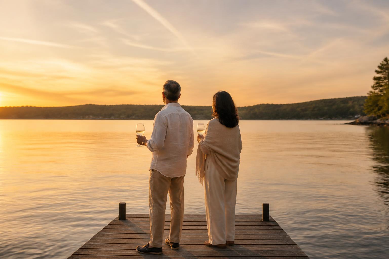 Mature couple with wine glasses at the end of a private dock at golden hour