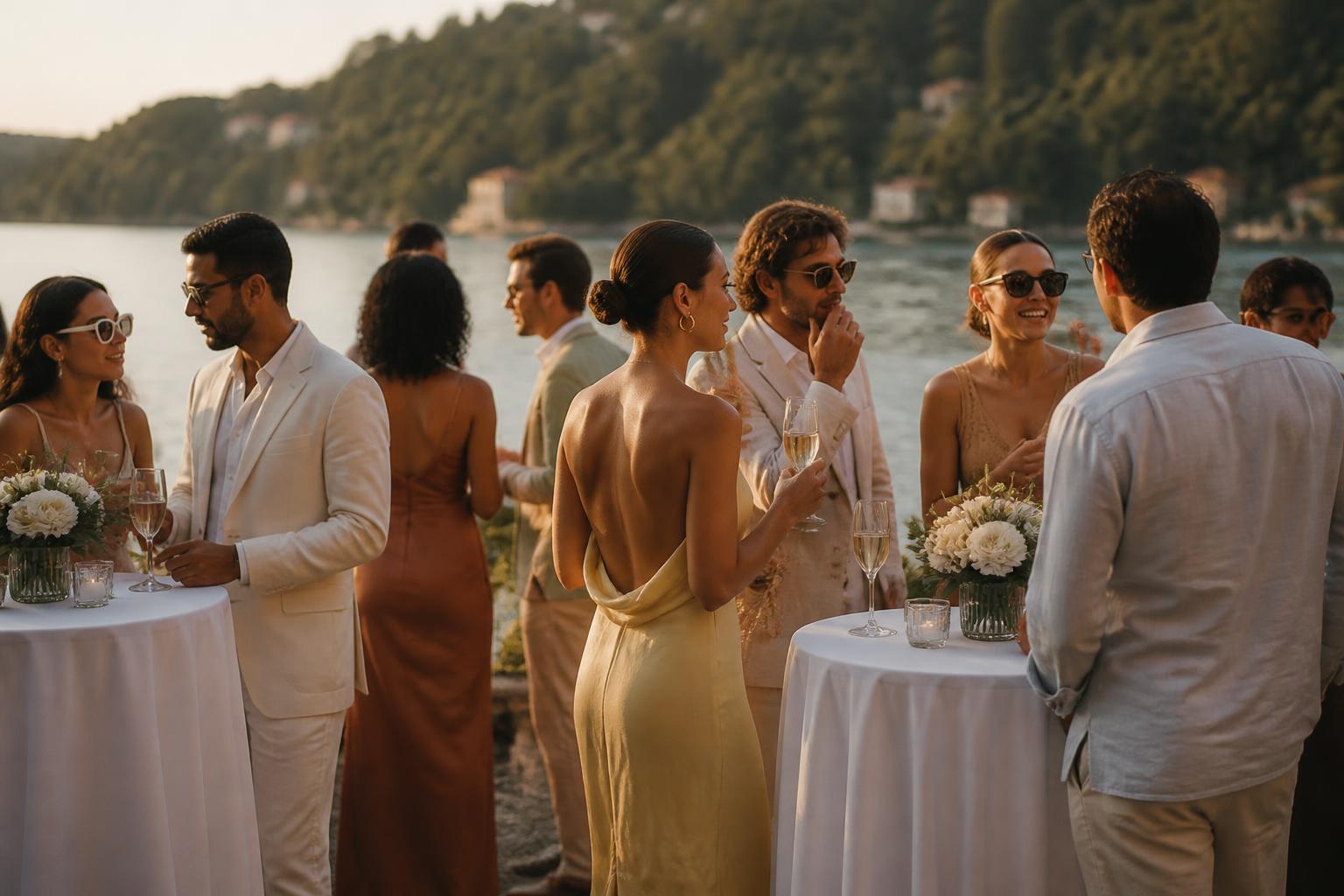 Cocktail attire gathering by the water for an engagement weekend