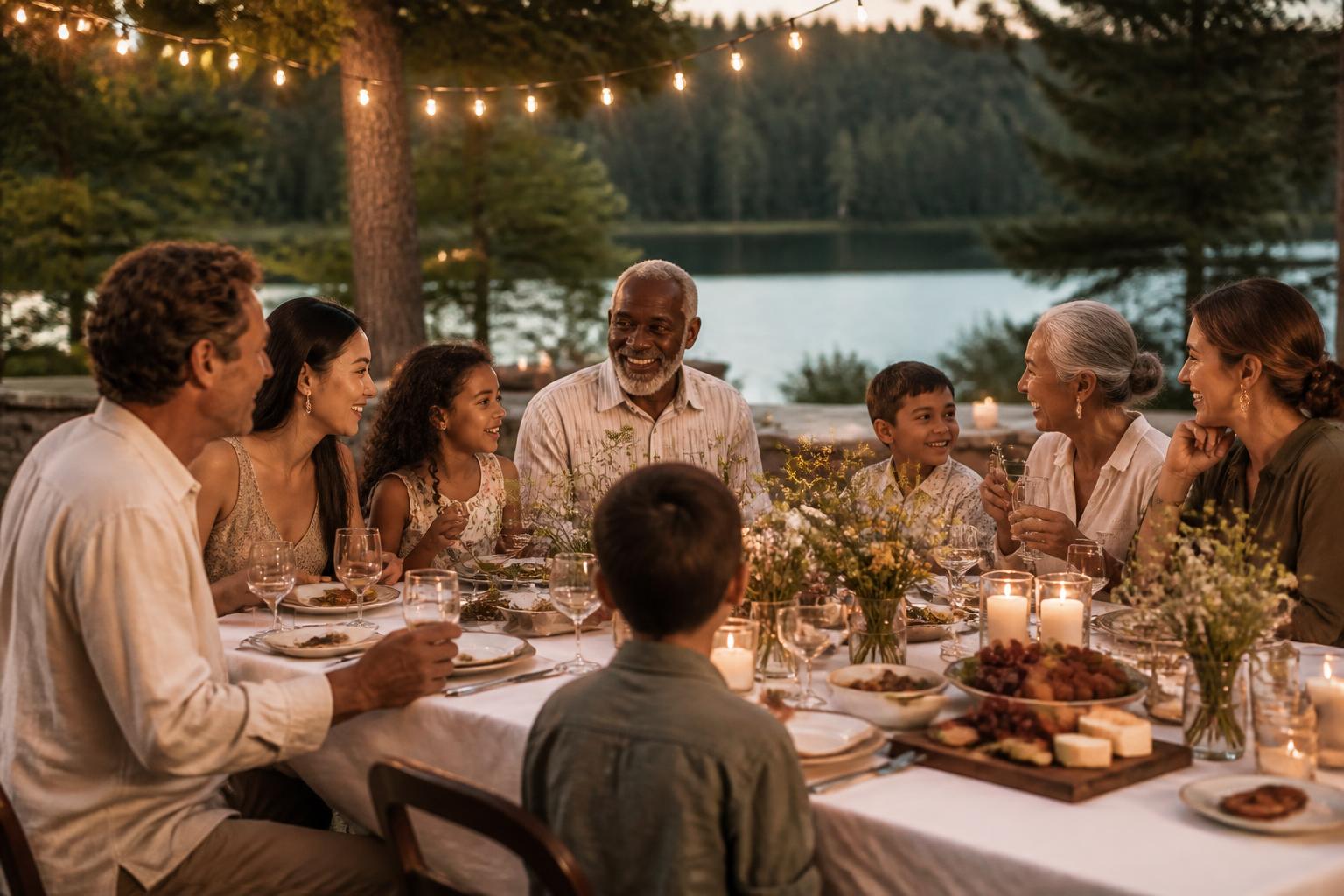 Three-generation family gathering around a lakeside dining table at golden hour