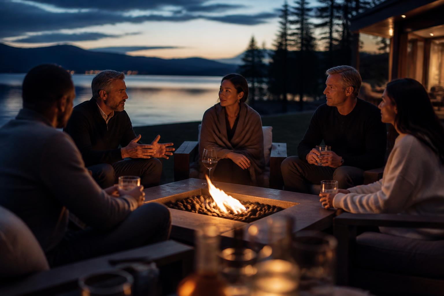 Professionals gathered around a lakeside fire table at dusk