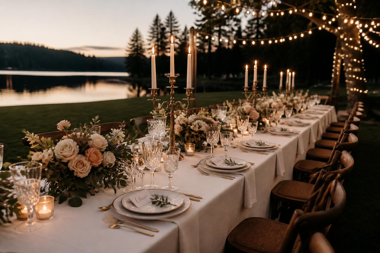 Long candlelit lakeside dinner table set with crystal, brass candelabras and roses at dusk